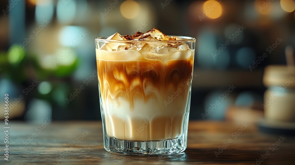 Refreshing Iced Coffee with Layered Espresso and Milk in Natural Light Refreshing Iced Coffee with Layered Espresso and Milk in Natural Light