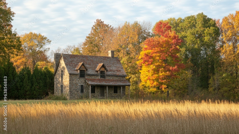 Stone House with Autumn Foliage and Grassy Field