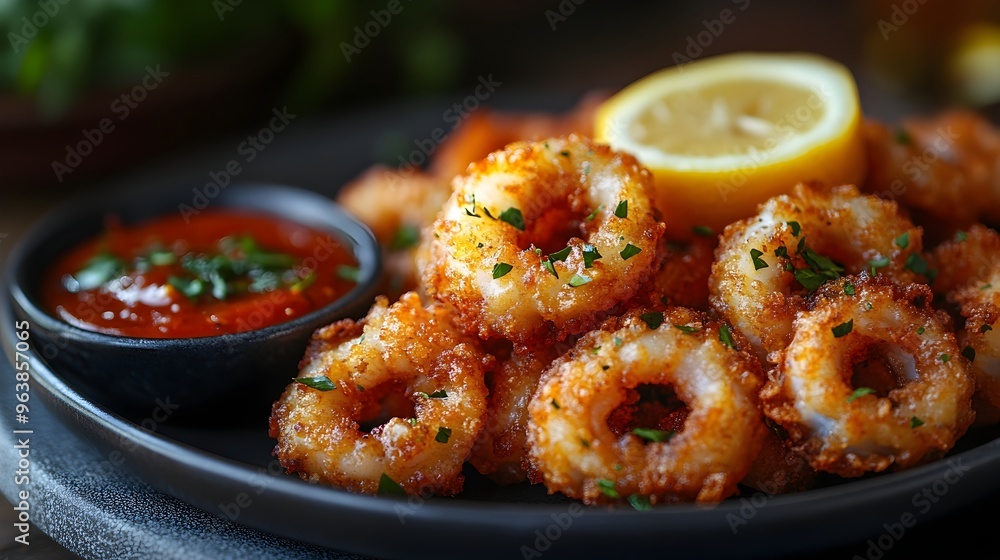 Tempting Plate of Golden Fried Calamari with Lemon and Dipping Sauce for Seaside Restaurant Tempting Plate of Golden Fried Calamari with Lemon and Dipping Sauce for Seaside Restaurant