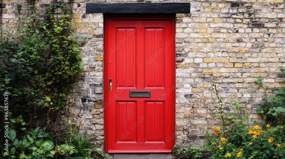 A vibrant red door contrasts against a rough brick wall, offering an elegant focal point to the exterior design. A vibrant red door contrasts against a rough brick wall, offering an elegant focal point to the exterior design.