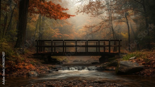 Wallpaper Mural Wooden Bridge Over a Stream in a Foggy Autumn Forest Torontodigital.ca