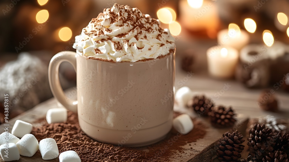 Cozy Chocolate Delight with Whipped Cream and Marshmallows in Warm Lighting Cozy Chocolate Delight with Whipped Cream and Marshmallows in Warm Lighting