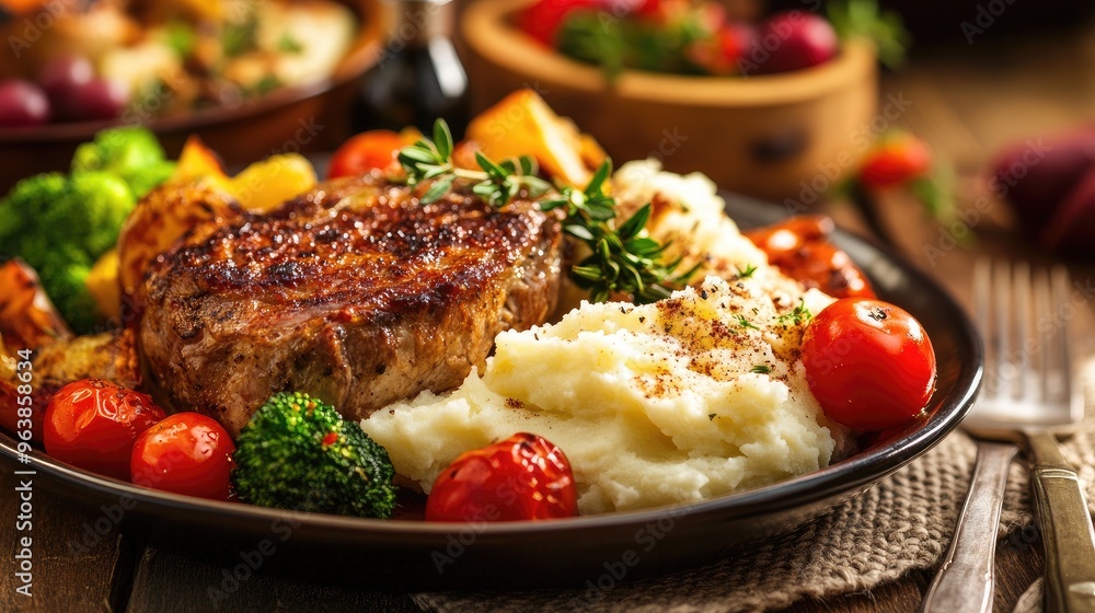 A well-prepared meal of meat, mashed potatoes, and vegetables, with perfectly roasted and seasoned sides. A well-prepared meal of meat, mashed potatoes, and vegetables, with perfectly roasted and seasoned sides.