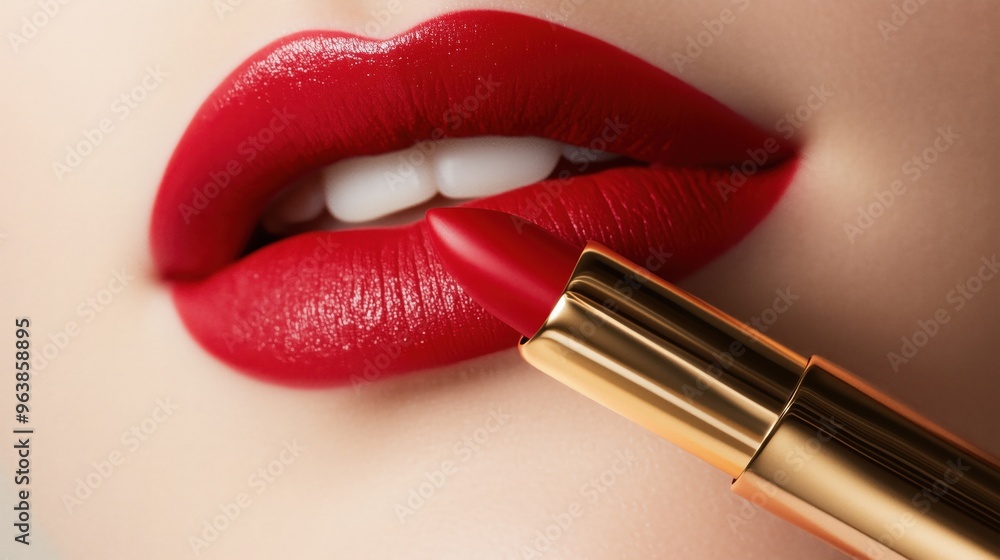Obraz premium Plump lips with red lipstick, macro photography 