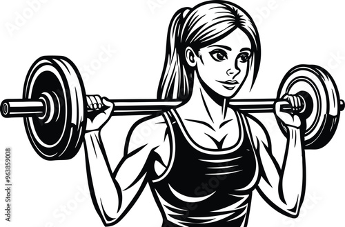 Young Girl Lifting Barbell in Gym silhouette illustration black and white