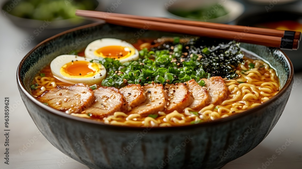 Steaming Bowl of Savory Japanese Ramen with Tender Pork Slices Steaming Bowl of Savory Japanese Ramen with Tender Pork Slices