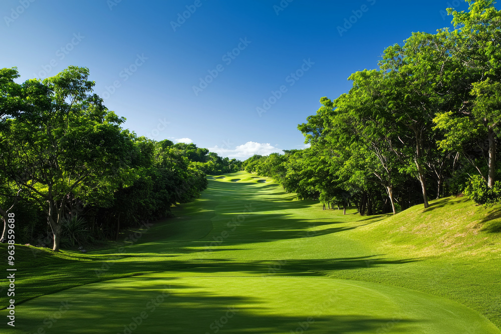 Fototapeta premium A serene golf course landscape featuring lush green fairways and trees under a clear blue sky.