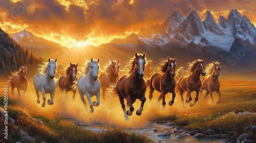 Group of horses galloping in the mountains, with a sunset and clouds in the background