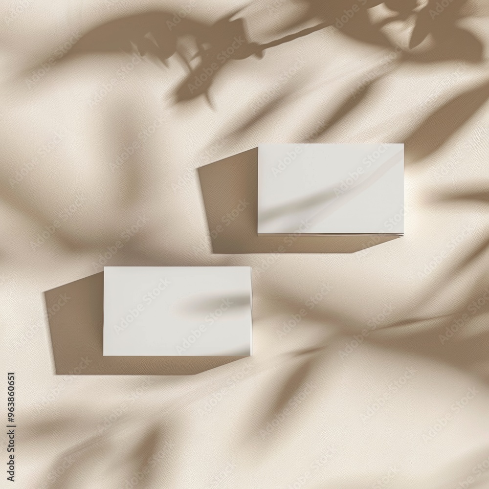 2 blank business cards mockup, view from top, light beige background, atmospheric ambience 2 blank business cards mockup, view from top, light beige background, atmospheric ambience