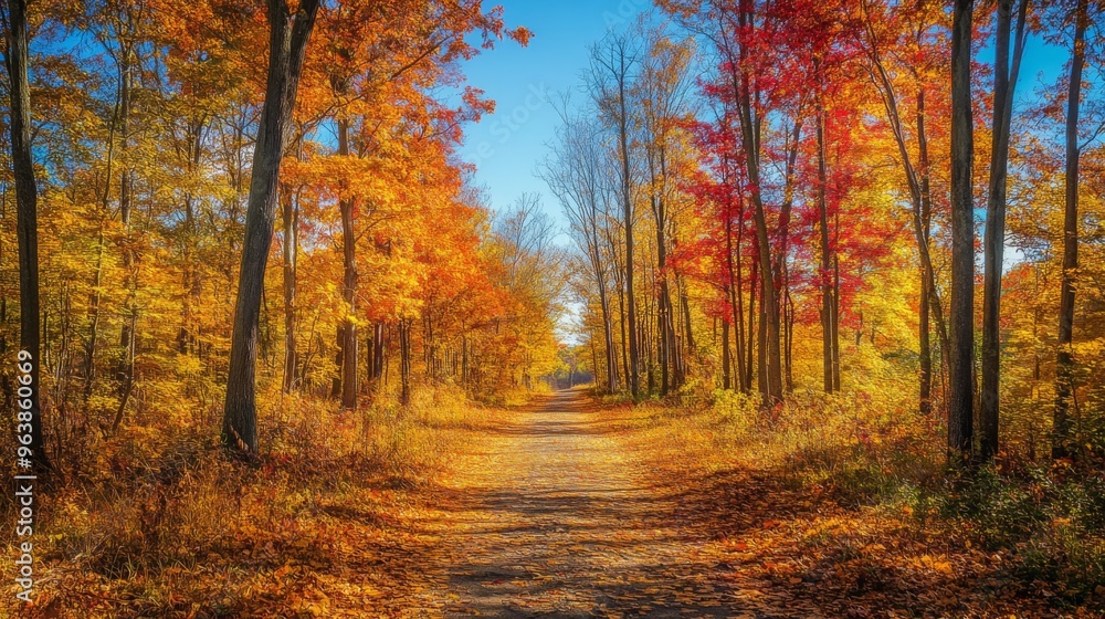 Fototapeta premium Autumnal Forest Path with Vibrant Foliage