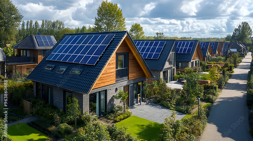 Modern Houses with Solar Panels and Green Gardens Modern Houses with Solar Panels and Green Gardens