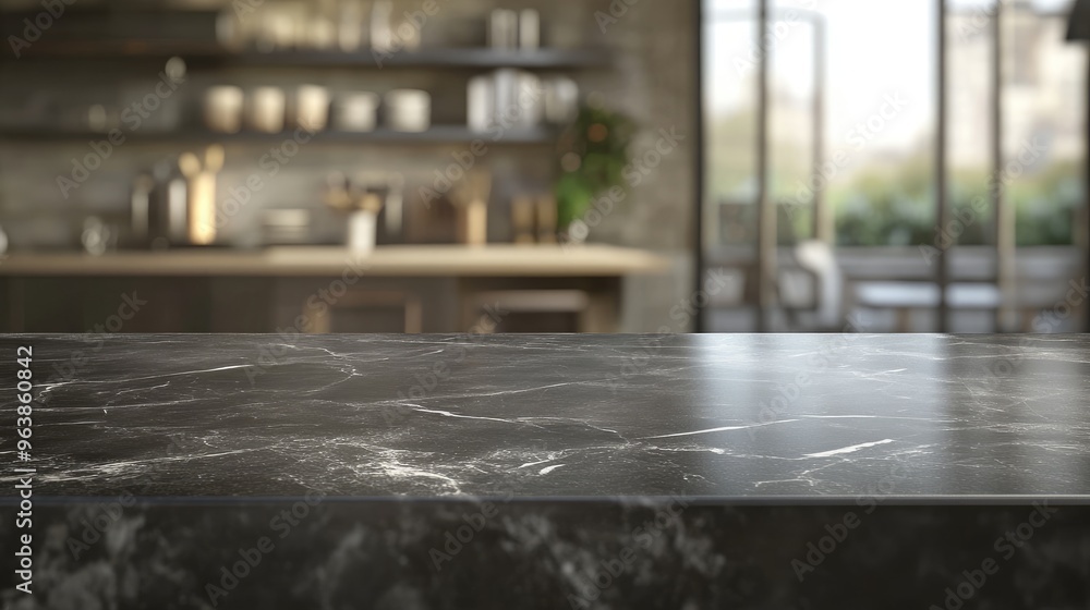 An empty dark marble surface awaits a product showcase, set against a blurred kitchen backdrop. An empty dark marble surface awaits a product showcase, set against a blurred kitchen backdrop.