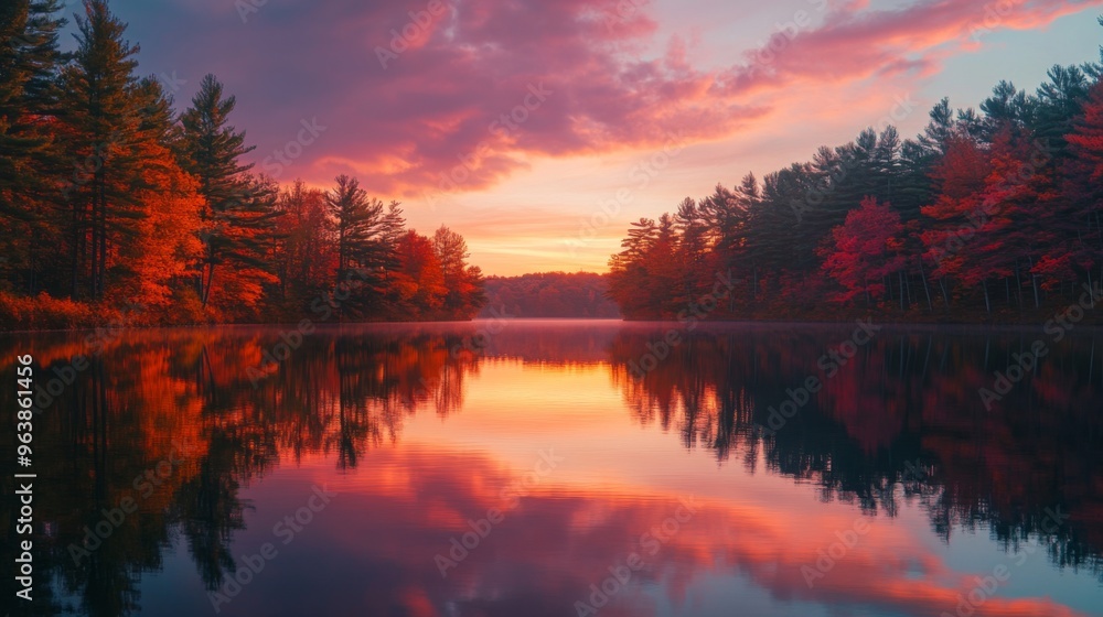 A Serene Lake Reflecting a Crimson Sunset in a Forest Setting A Serene Lake Reflecting a Crimson Sunset in a Forest Setting