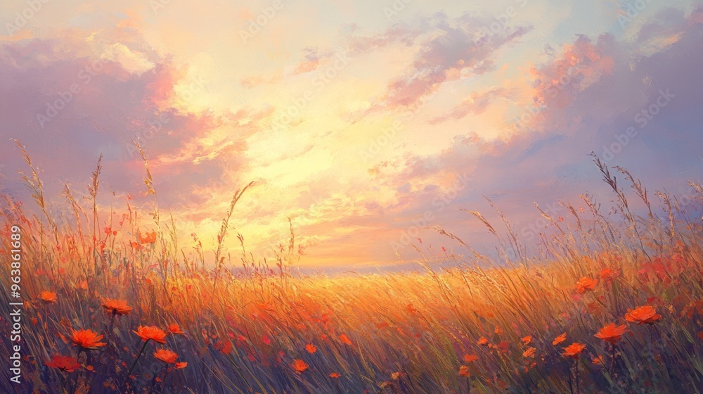 Fototapeta premium Sunset Over a Field of Tall Grass and Wildflowers