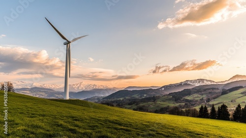 An isolated wind turbine in a wide field, producing energy and standing as a beacon of sustainability.