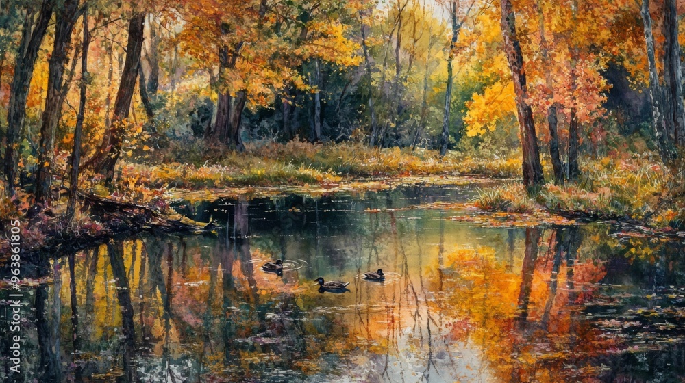 Tranquil Autumn Pond with Ducks and Golden Reflections Tranquil Autumn Pond with Ducks and Golden Reflections