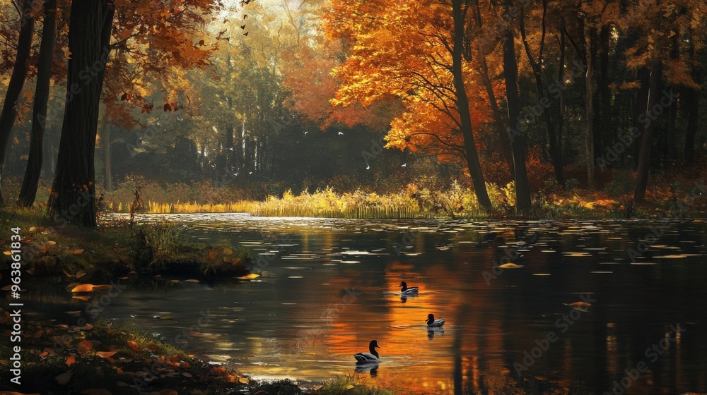 Fototapeta premium Ducks Swimming in a Tranquil Forest Lake during Autumn