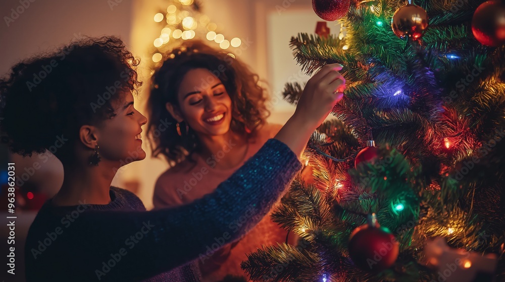 An LGBTQ+ family decorating their Christmas tree together, with colorful lights and ornaments, creating a warm, festive atmosphere filled with love and togetherness An LGBTQ+ family decorating their Christmas tree together, with colorful lights and ornaments, creating a warm, festive atmosphere filled with love and togetherness