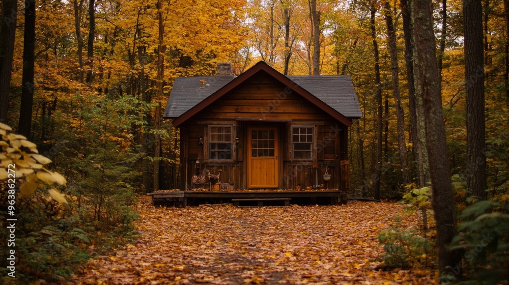 Wooden Cabin in a Forest of Golden Autumn Leaves Wooden Cabin in a Forest of Golden Autumn Leaves