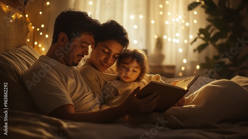 A tender moment between two LGBTQ+ dads and their young daughter, reading a bedtime story together in a cozy, softly lit bedroom with warm tones