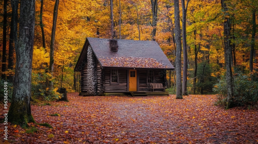 A Rustic Cabin Nestled in a Golden Autumn Forest A Rustic Cabin Nestled in a Golden Autumn Forest