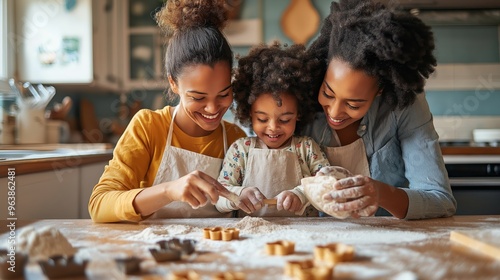 Two LGBTQ+ moms teaching their child how to bake cookies in a bright, modern kitchen, with flour and cookie cutters scattered on the counter, creating a heartwarming scene photo