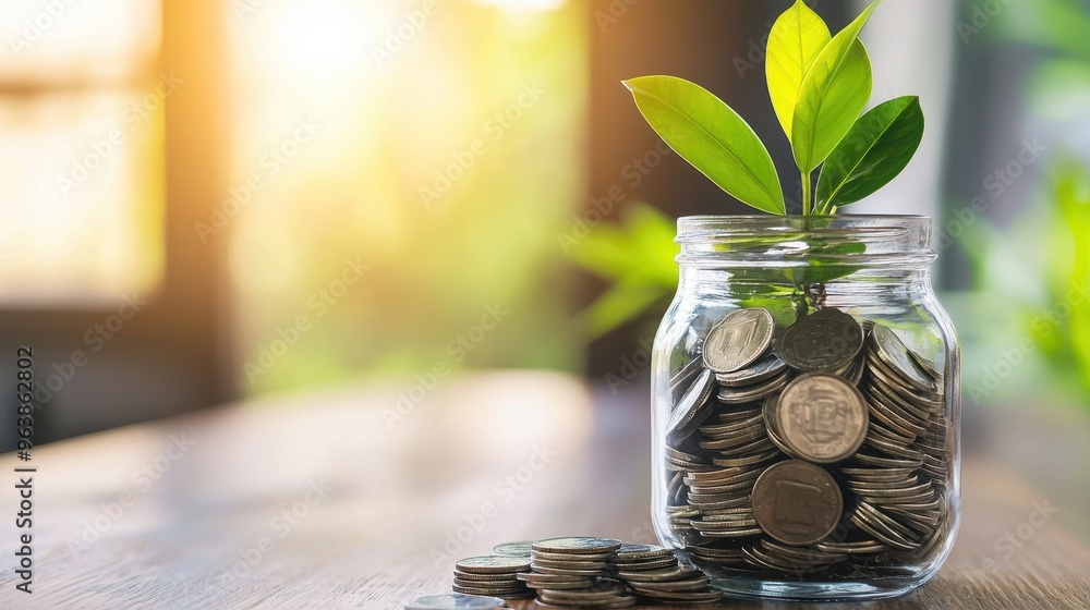 Glass Jar Filled with Coins and Growing Plant Financial Growth and Investment Concept Glass Jar Filled with Coins and Growing Plant Financial Growth and Investment Concept