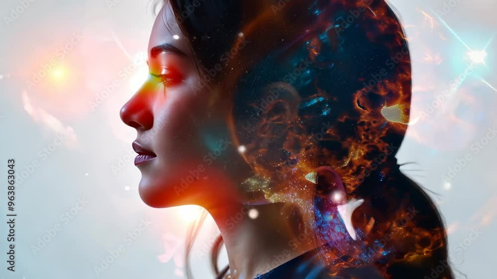 Abstract profile of a woman’s face intertwined with vibrant, fiery nebula-like patterns and cosmic energy in a surreal composition.
Abstract profile of a woman’s face intertwined with vibrant, fiery nebula-like patterns and cosmic energy in a surreal composition.