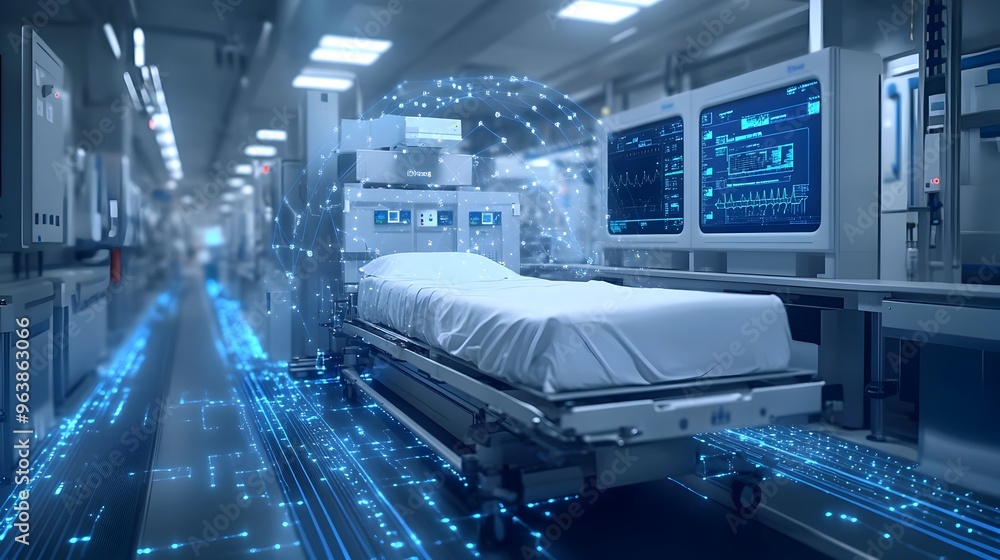 Naklejka premium Innovative IoT Sensor Network Enhancing Healthcare Efficiency and Patient Monitoring in Hospitals