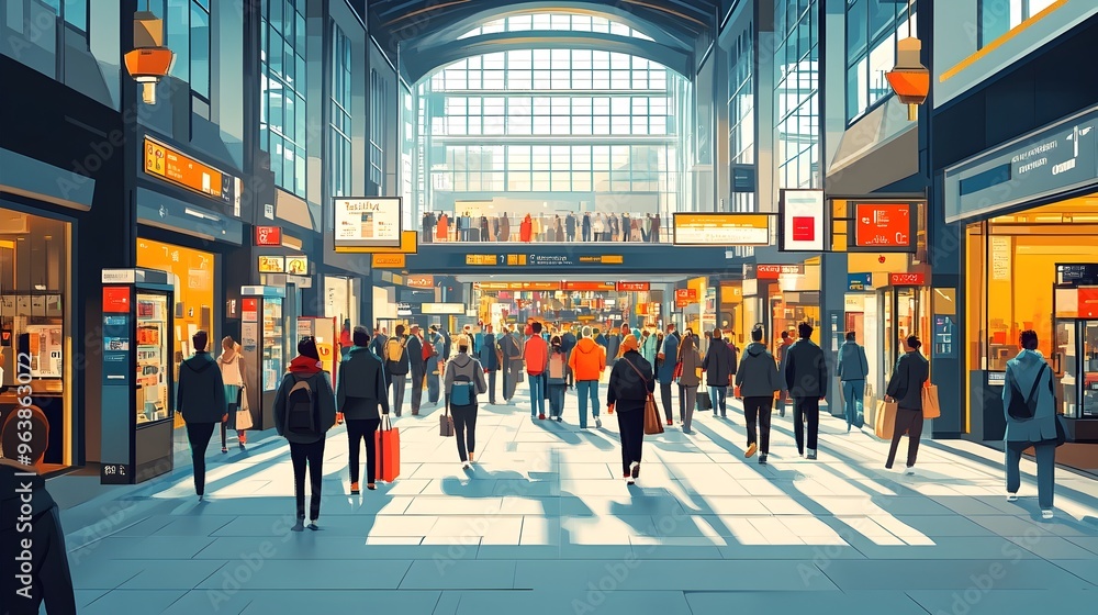 Obraz premium Bustling Transit Hub with Shops and Hurrying Passengers in a City Concourse