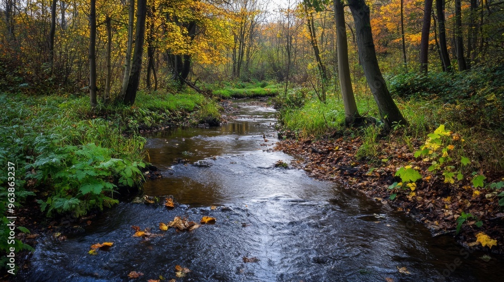 Obraz premium Stream Flowing Through Autumnal Forest