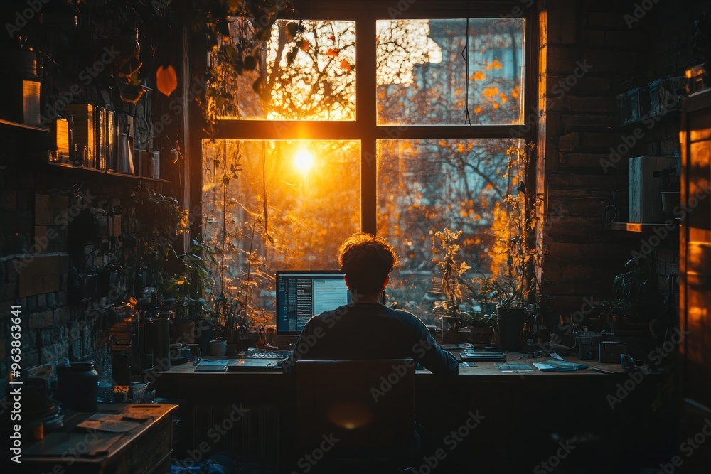 Man Working at a Desk by a Window with a Sunset View Man Working at a Desk by a Window with a Sunset View