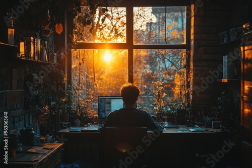 Wallpaper Mural Man Working at a Desk by a Window with a Sunset View Torontodigital.ca