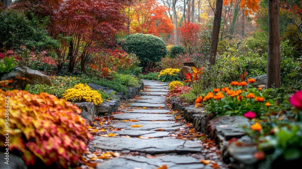 Stone Path Through Autumnal Garden with Colorful Blooms