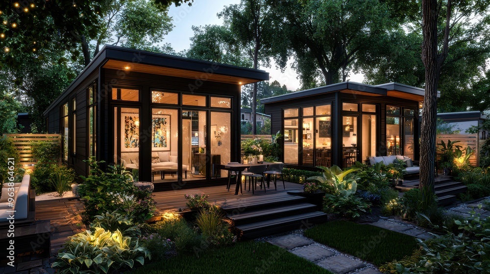 Modern Cabins with Outdoor Patio in a Lush Garden at Dusk Modern Cabins with Outdoor Patio in a Lush Garden at Dusk