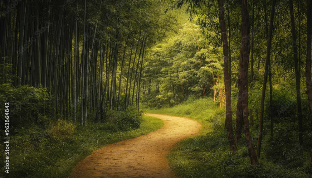 A winding path through a lush bamboo forest, inviting exploration and tranquility in nature's serene environment. A winding path through a lush bamboo forest, inviting exploration and tranquility in nature's serene environment.