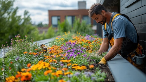 Fototapeta Naklejka Na Ścianę i Meble -  Gardener tending to vibrant rooftop flowers