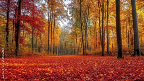 Autumnal Forest Path Covered in Fallen Leaves