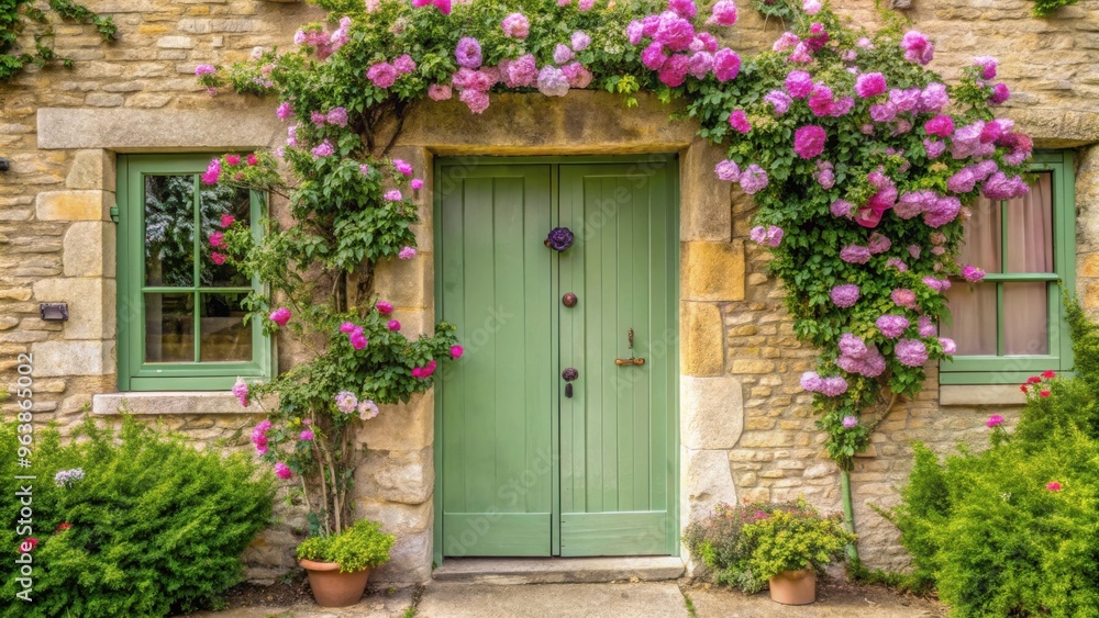 Light green wooden doors in traditional English stone cottage with climbing pink roses and lavender on a summer day Light green wooden doors in traditional English stone cottage with climbing pink roses and lavender on a summer day