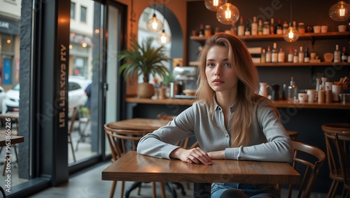 A warm-toned photograph captures an adult woman, dressed in modern attire, sipping a cup of coffee at a trendy cafe. Soft morning light pours through the large windows, illuminating her features