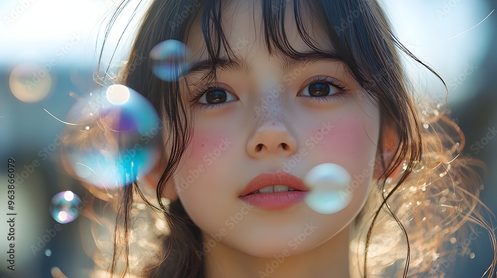 Joyful Asian Girl Blowing Soap Bubbles in Sunlit Park on a Lovely Summer Day Joyful Asian Girl Blowing Soap Bubbles in Sunlit Park on a Lovely Summer Day