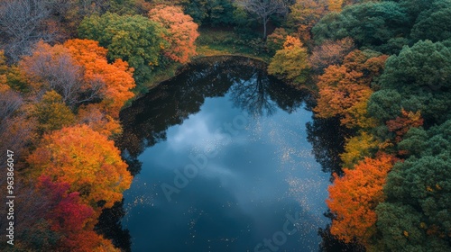 Aerial View of a Pond Surrounded by Autumn Trees