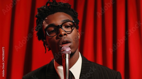 Young Man Speaking into Microphone on Red Stage