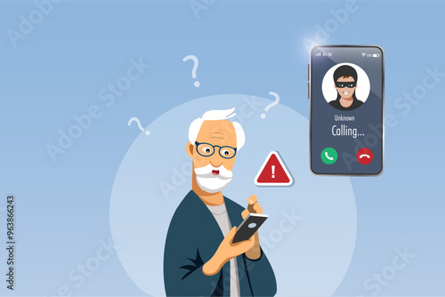 Cyber crime, phone crime calling. Unknown scammer calling senior man to lure and steal money from bank account. Cyber security awareness. Vector.