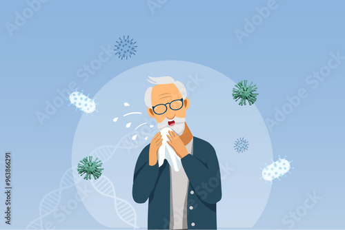 Elderly man sneezing, allergic to virus and dust in air. Senior medical health care. Vector.