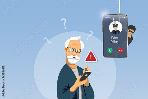 Cyber crime, phone crime calling. Fake police scammer calling senior man to lure and steal money from bank account. Cyber security awareness. Vector.