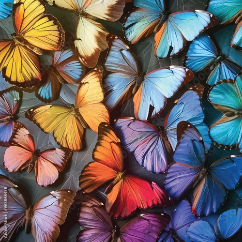 Colors of rainbow. Pattern of multicolored butterflies morpho, texture background vector