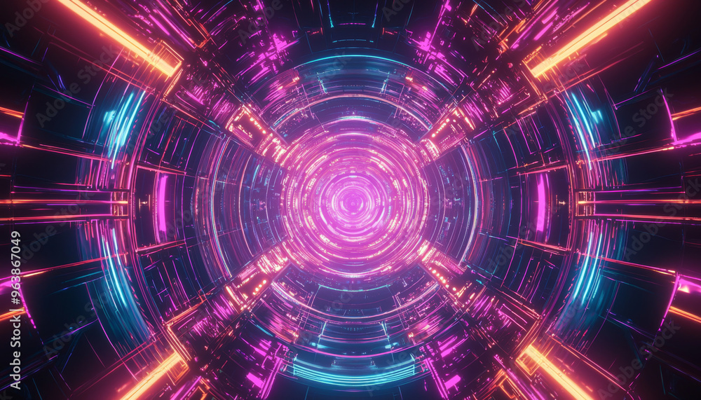 Obraz premium A vibrant, futuristic tunnel of neon lights creating a dynamic, immersive visual experience.