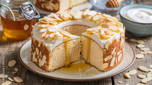 A photo of a honey almond yogurt cake with a slice taken out of it