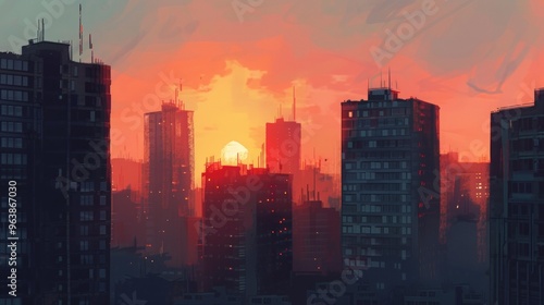 poor tall buildings in sunset, realistic painting style photo